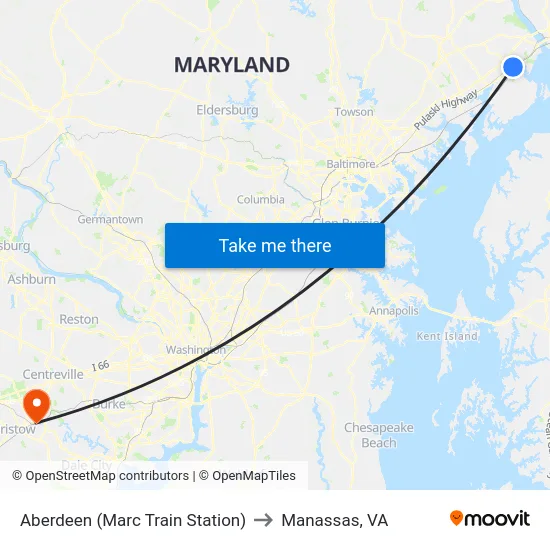 Aberdeen (Marc Train Station) to Manassas, VA map