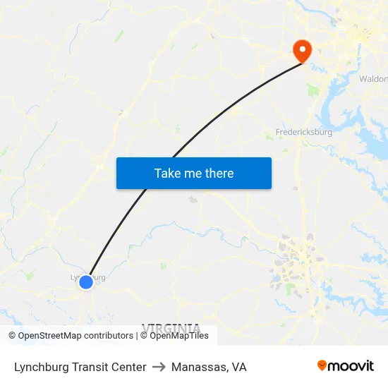 Lynchburg Transit Center to Manassas, VA map