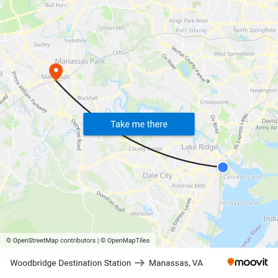 Woodbridge Destination Station to Manassas, VA map