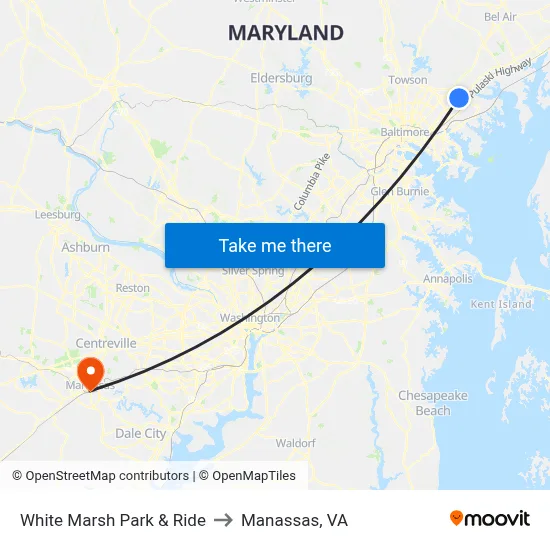 White Marsh Park & Ride to Manassas, VA map