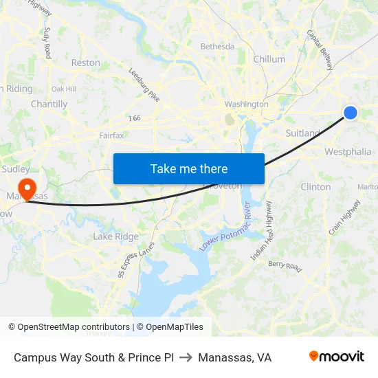 Campus Way South & Prince Pl to Manassas, VA map