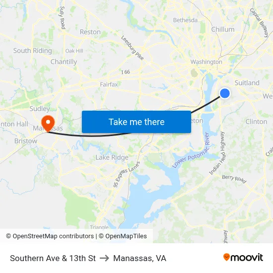 Southern Ave & 13th St to Manassas, VA map