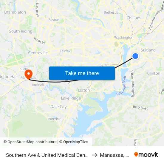 Southern Ave & United Medical Cente to Manassas, VA map