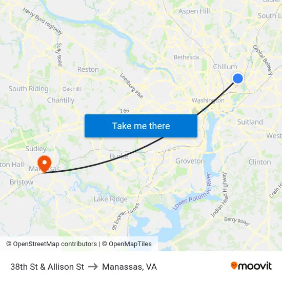 38th St & Allison St to Manassas, VA map