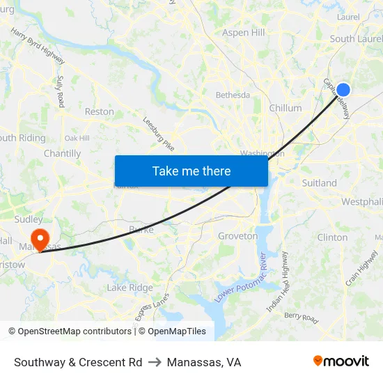 Southway & Crescent Rd to Manassas, VA map