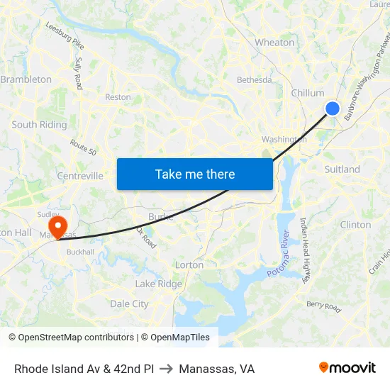 Rhode Island Av & 42nd Pl to Manassas, VA map