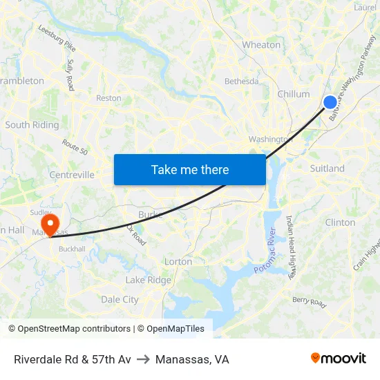 Riverdale Rd & 57th Av to Manassas, VA map