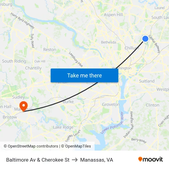 Baltimore Av & Cherokee St to Manassas, VA map