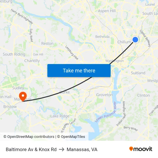 Baltimore Av & Knox Rd to Manassas, VA map