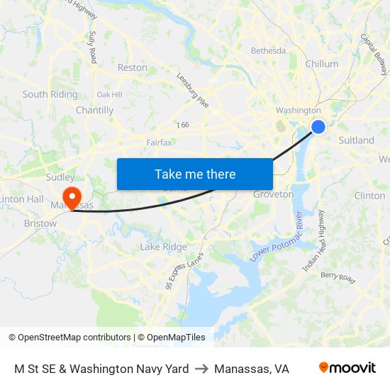 M St SE & Washington Navy Yard to Manassas, VA map