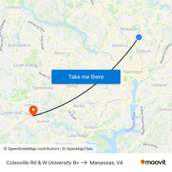 Colesville Rd & W University Bv to Manassas, VA map