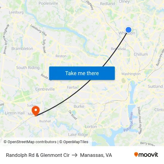 Randolph Rd & Glenmont Cir to Manassas, VA map