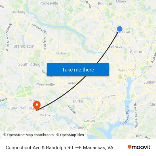 Connecticut Ave & Randolph Rd to Manassas, VA map