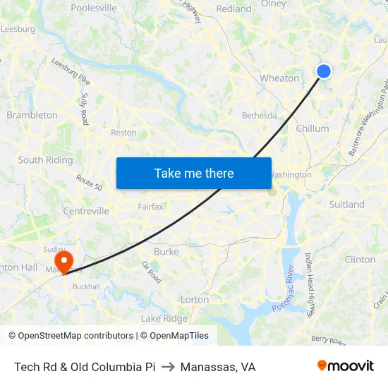Tech Rd & Old Columbia Pi to Manassas, VA map