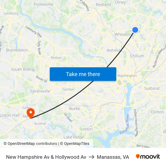 New Hampshire Av & Hollywood Av to Manassas, VA map