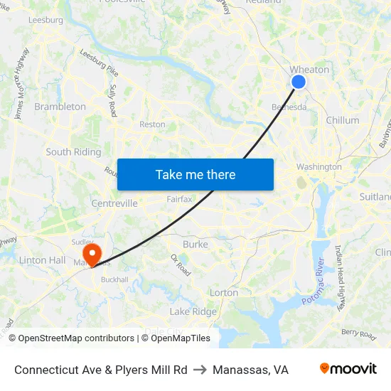 Connecticut Ave & Plyers Mill Rd to Manassas, VA map