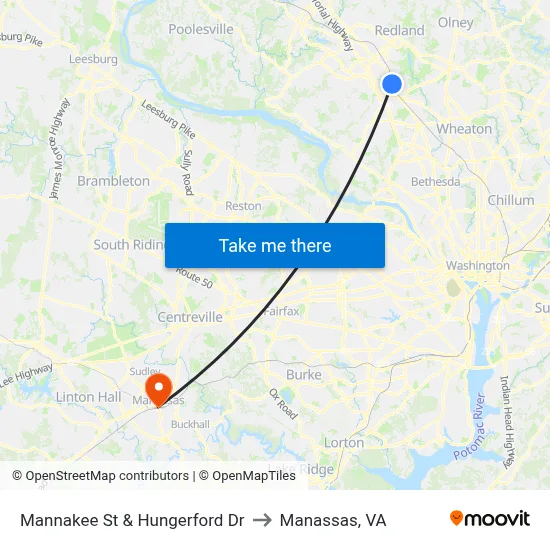 Mannakee St & Hungerford  Dr to Manassas, VA map