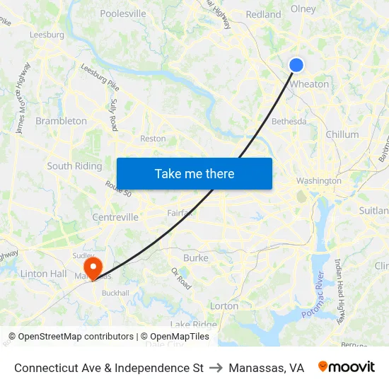 Connecticut Ave & Independence St to Manassas, VA map