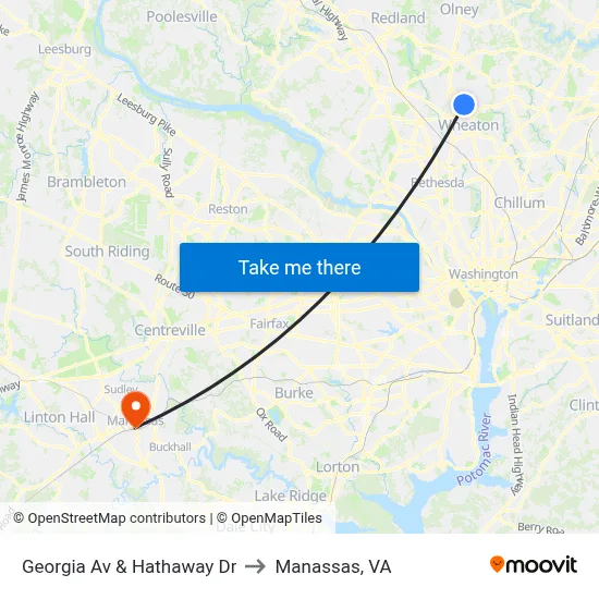 Georgia Av & Hathaway Dr to Manassas, VA map