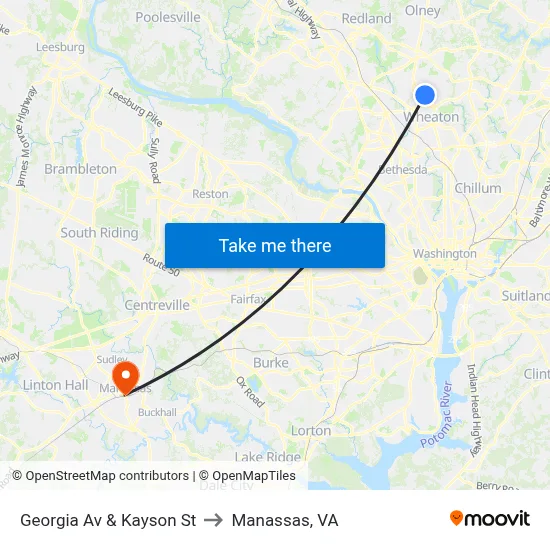 Georgia Av & Kayson St to Manassas, VA map