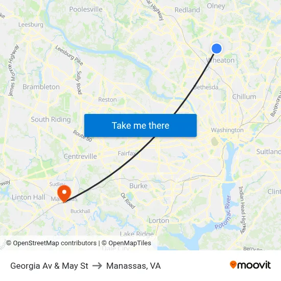Georgia Av & May St to Manassas, VA map