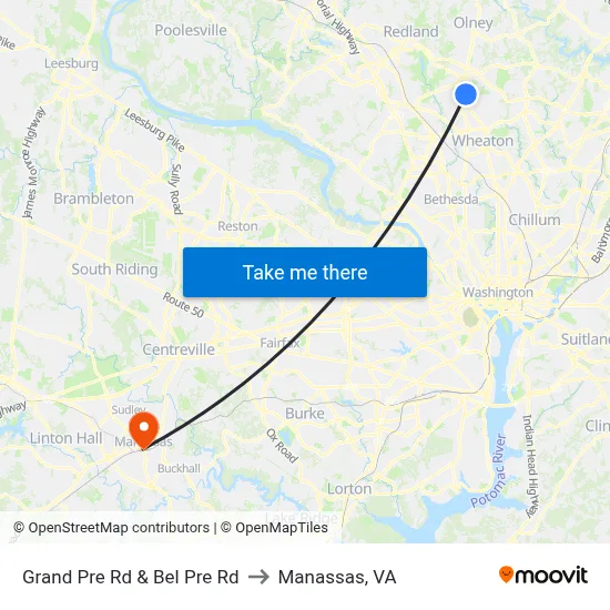 Grand Pre Rd & Bel Pre Rd to Manassas, VA map