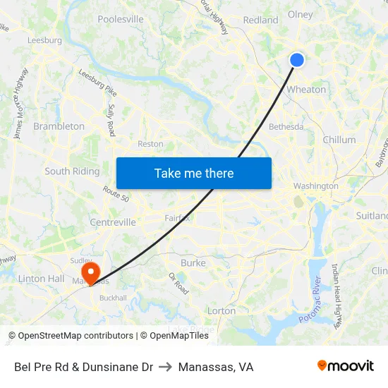 Bel Pre Rd & Dunsinane Dr to Manassas, VA map