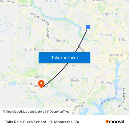 Falls Rd & Bullis School to Manassas, VA map