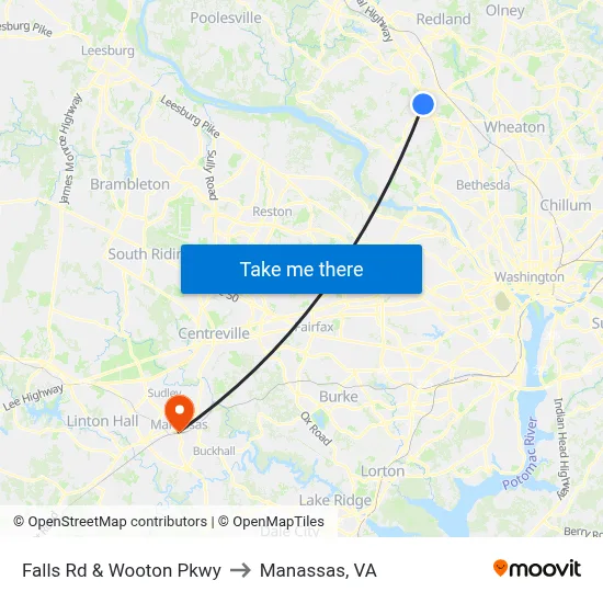 Falls Rd & Wooton Pkwy to Manassas, VA map