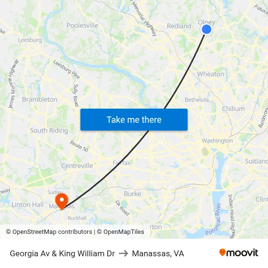 Georgia Av & King William Dr to Manassas, VA map
