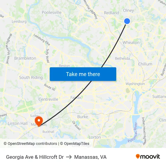 Georgia Ave & Hillcroft Dr to Manassas, VA map