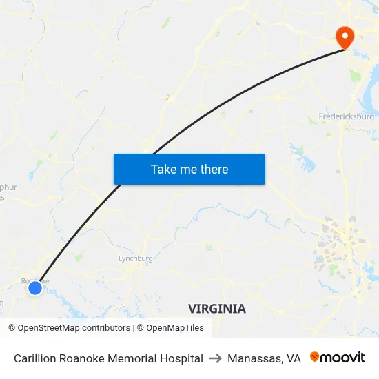 Carillion Roanoke Memorial Hospital to Manassas, VA map