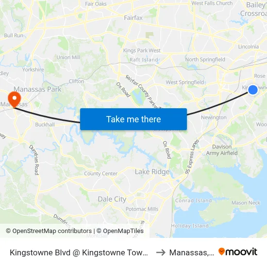 Kingstowne Blvd @ Kingstowne Town Centre to Manassas, VA map