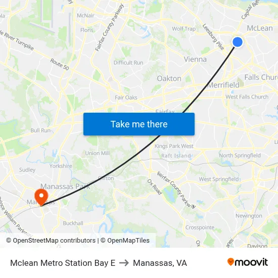 Mclean Metro Station Bay E to Manassas, VA map
