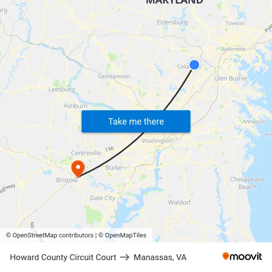 Howard County Circuit Court to Manassas, VA map
