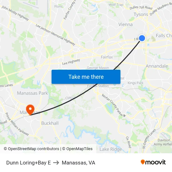 Dunn Loring+Bay E to Manassas, VA map