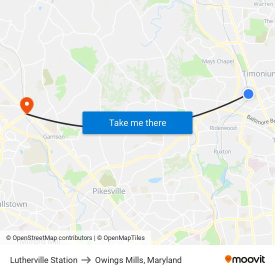 Lutherville Station to Owings Mills, Maryland map