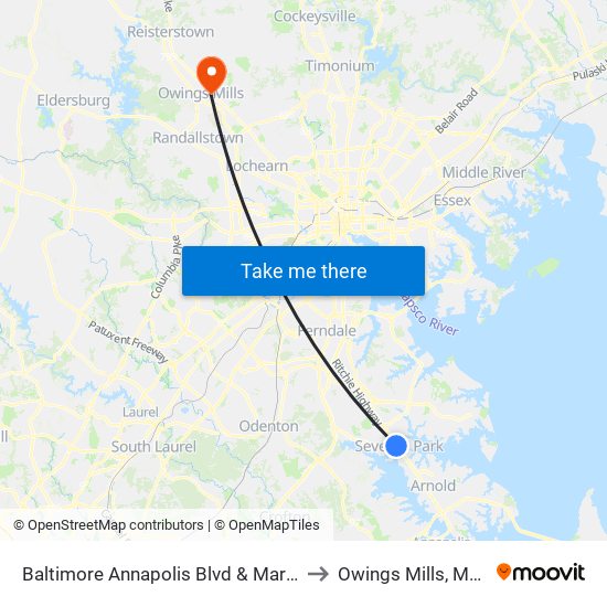 Baltimore Annapolis Blvd & Marbury Rd Sb to Owings Mills, Maryland map