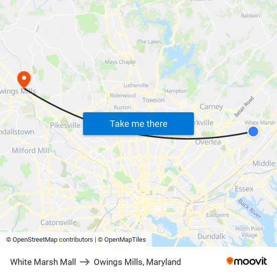 White Marsh Mall to Owings Mills, Maryland map