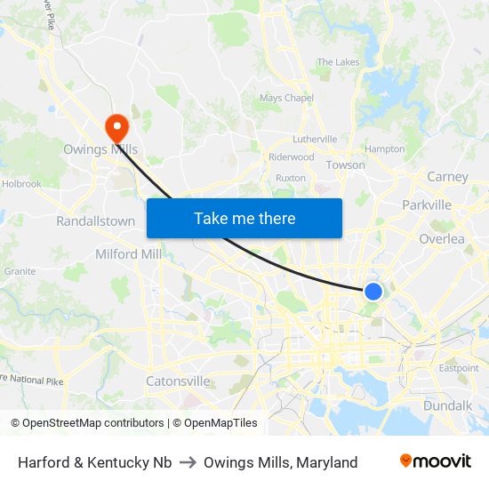 Harford & Kentucky Nb to Owings Mills, Maryland map