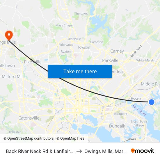 Back River Neck Rd & Lanflair Rd Sb to Owings Mills, Maryland map