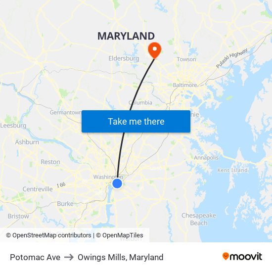 Potomac Ave to Owings Mills, Maryland map