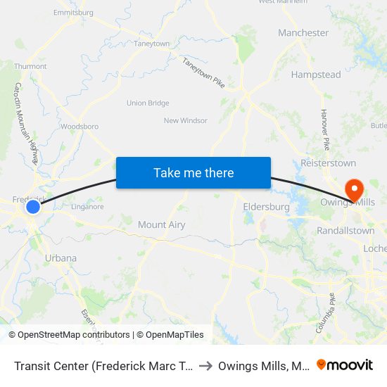 Transit Center (Frederick Marc Train Station) to Owings Mills, Maryland map