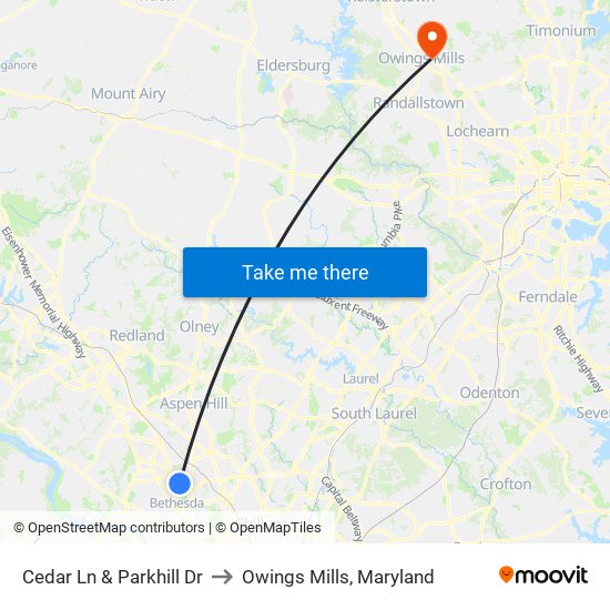 Cedar Ln & Parkhill Dr to Owings Mills, Maryland map