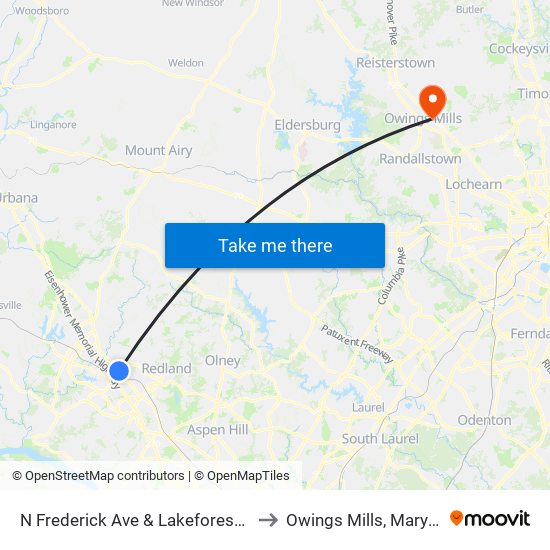 N Frederick Ave & Lakeforest Blvd to Owings Mills, Maryland map