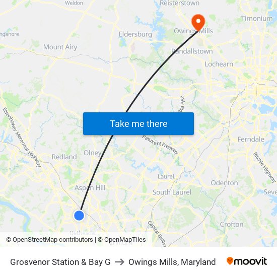 Grosvenor Station & Bay G to Owings Mills, Maryland map