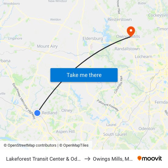 Lakeforest Transit Center & Odendhal Ave to Owings Mills, Maryland map