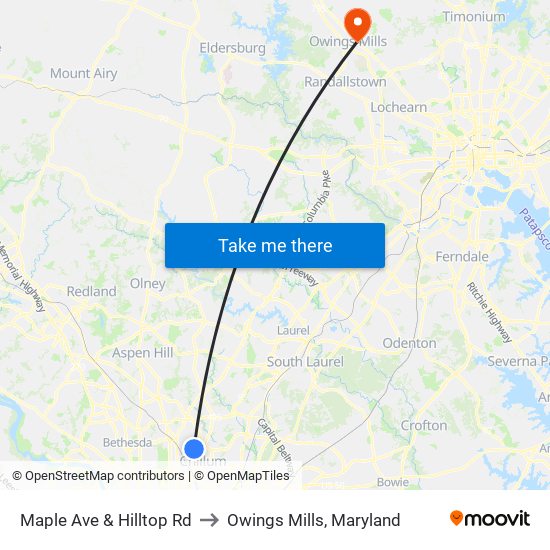 Maple Ave & Hilltop Rd to Owings Mills, Maryland map