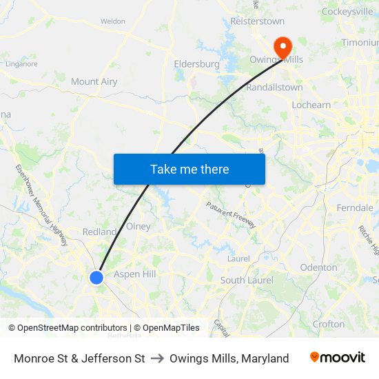 Monroe St & Jefferson St to Owings Mills, Maryland map