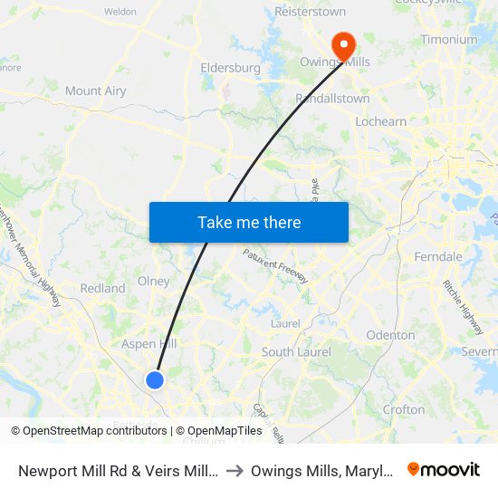 Newport Mill Rd & Veirs Mill Rd to Owings Mills, Maryland map